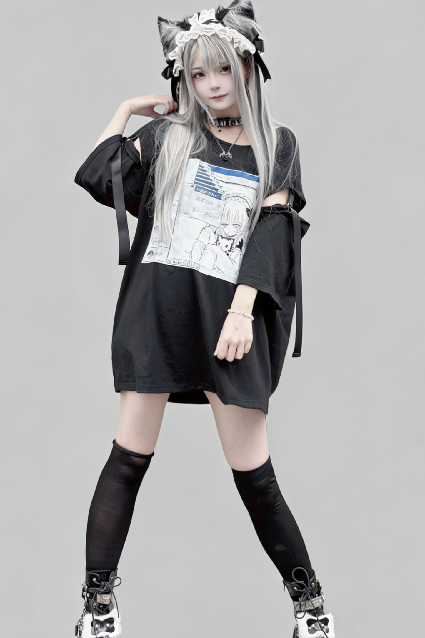 Lockeres Baumwoll-T-Shirt im Anime-Stil