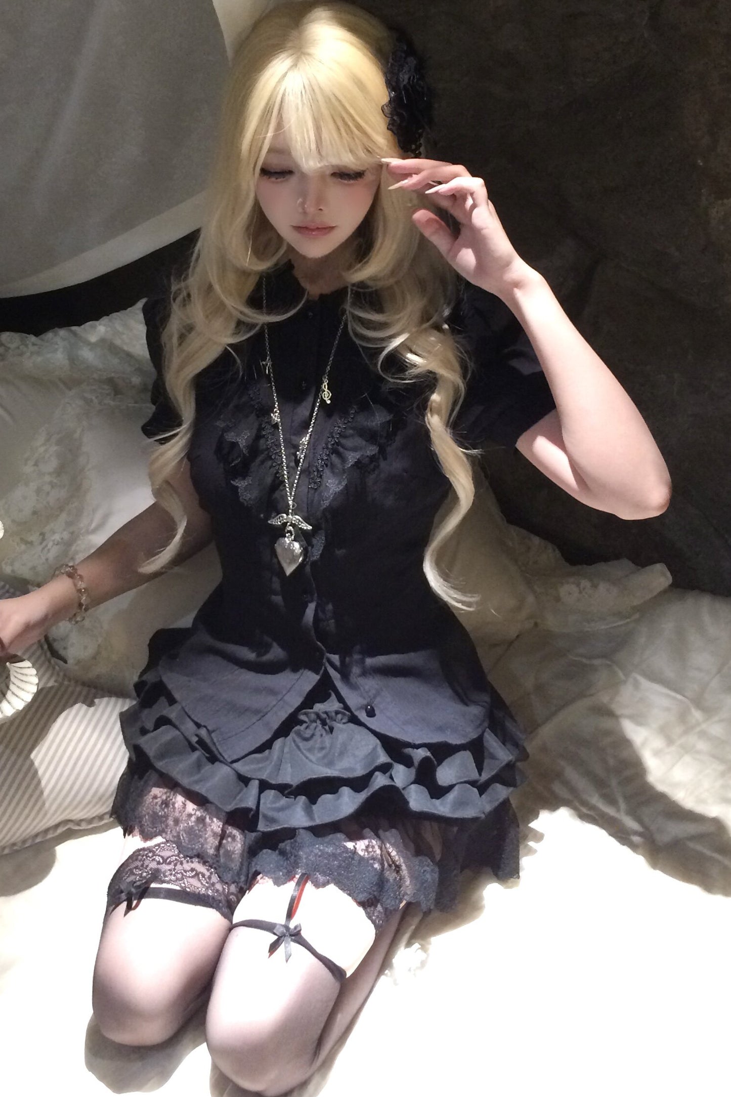 Black Puff Sleeve Lace Patchwork Top and Skirt Set