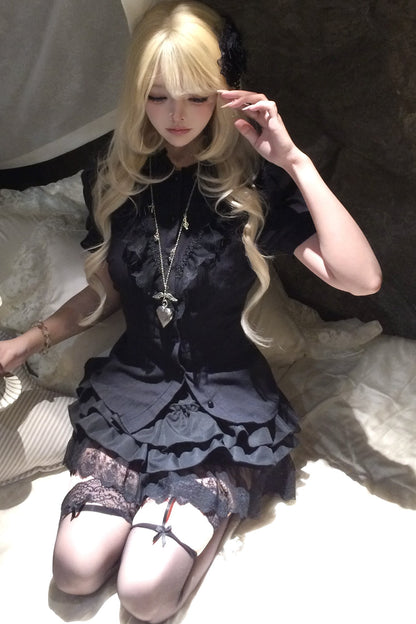 Black Puff Sleeve Lace Patchwork Top and Skirt Set
