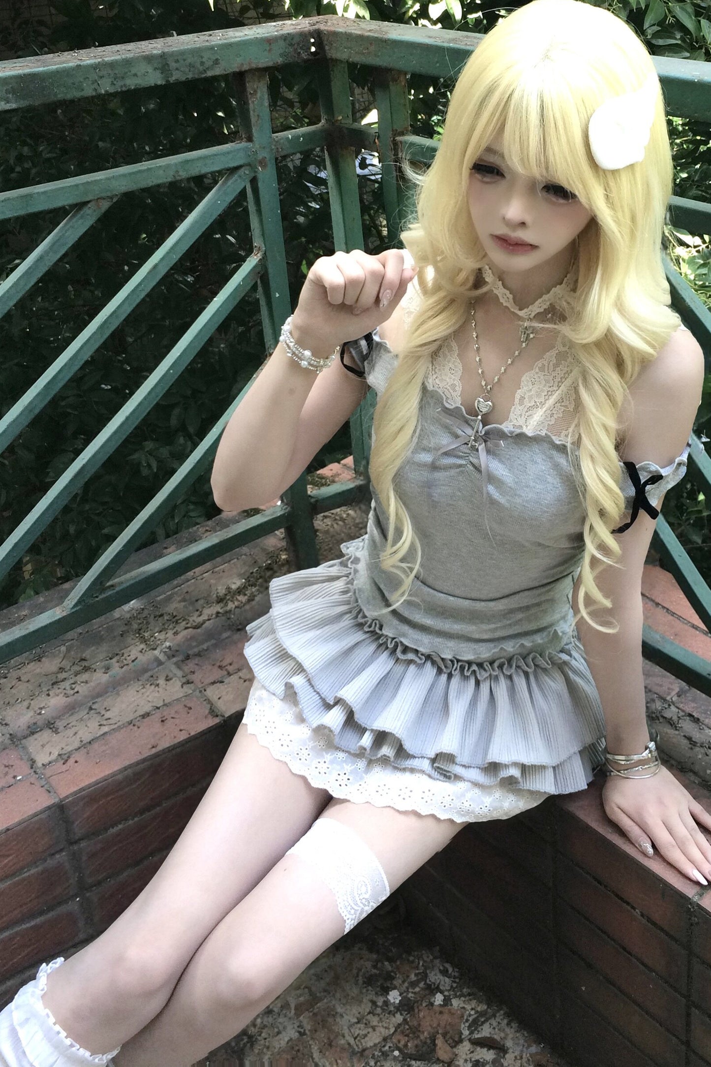 Gray Lace Camisole & Layered Skirt Set-Up