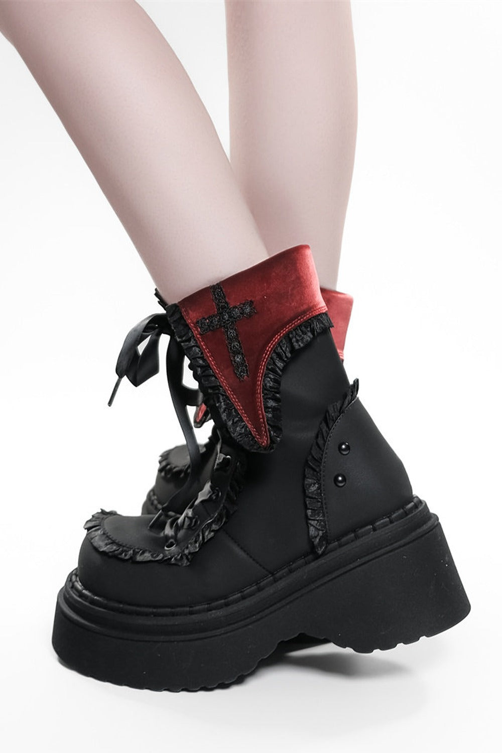 Gothic Cross Flip-Top Round-Toe Platform Boots