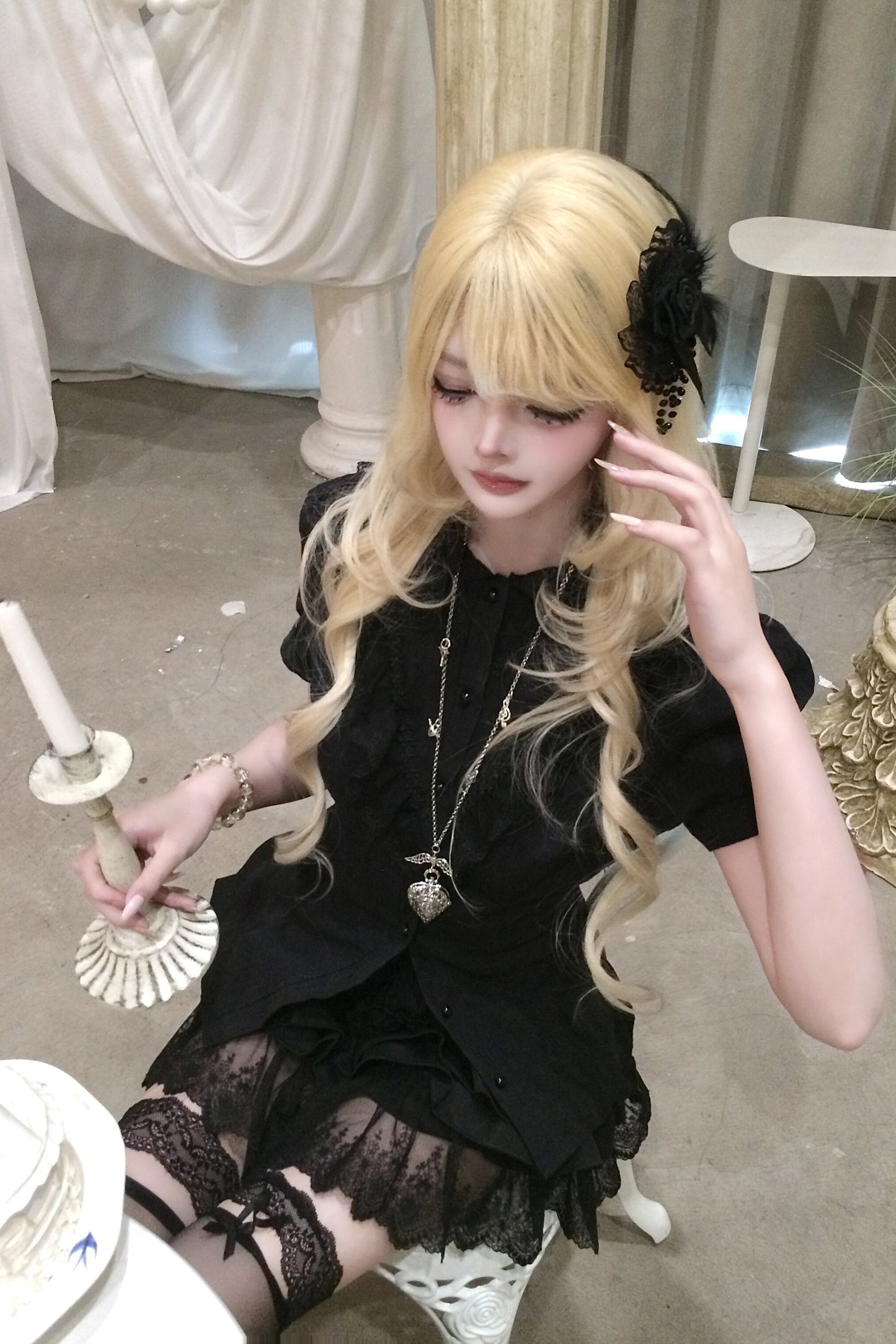 Black Puff Sleeve Lace Patchwork Top and Skirt Set