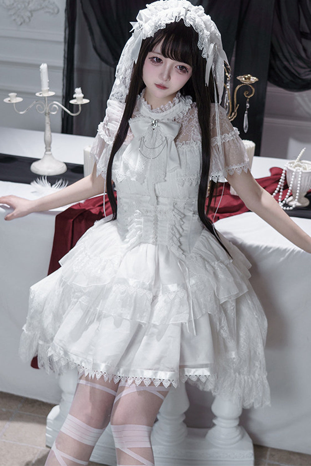 Gothic Short-Sleeve Tulle Waist Belt Dress Set-Up