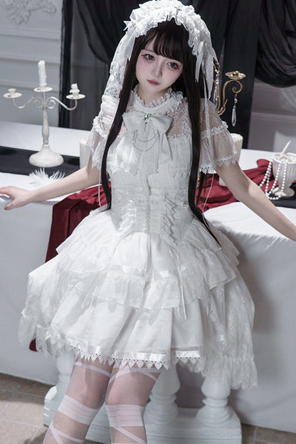 Gothic Short-Sleeve Tulle Waist Belt Dress Set-Up