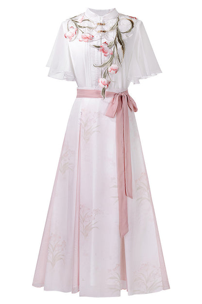 Rosa Hanfu-Hemd-und-Rock-Set mit nebligen Tulpen