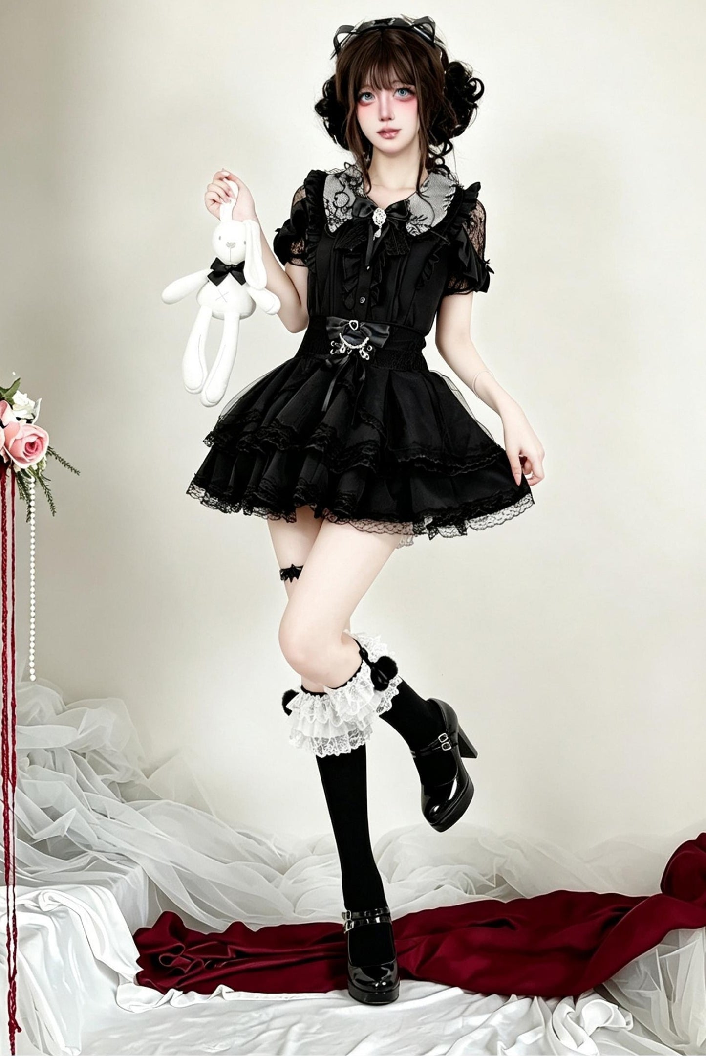 Dark  Lace Bow Skirt Set-Up