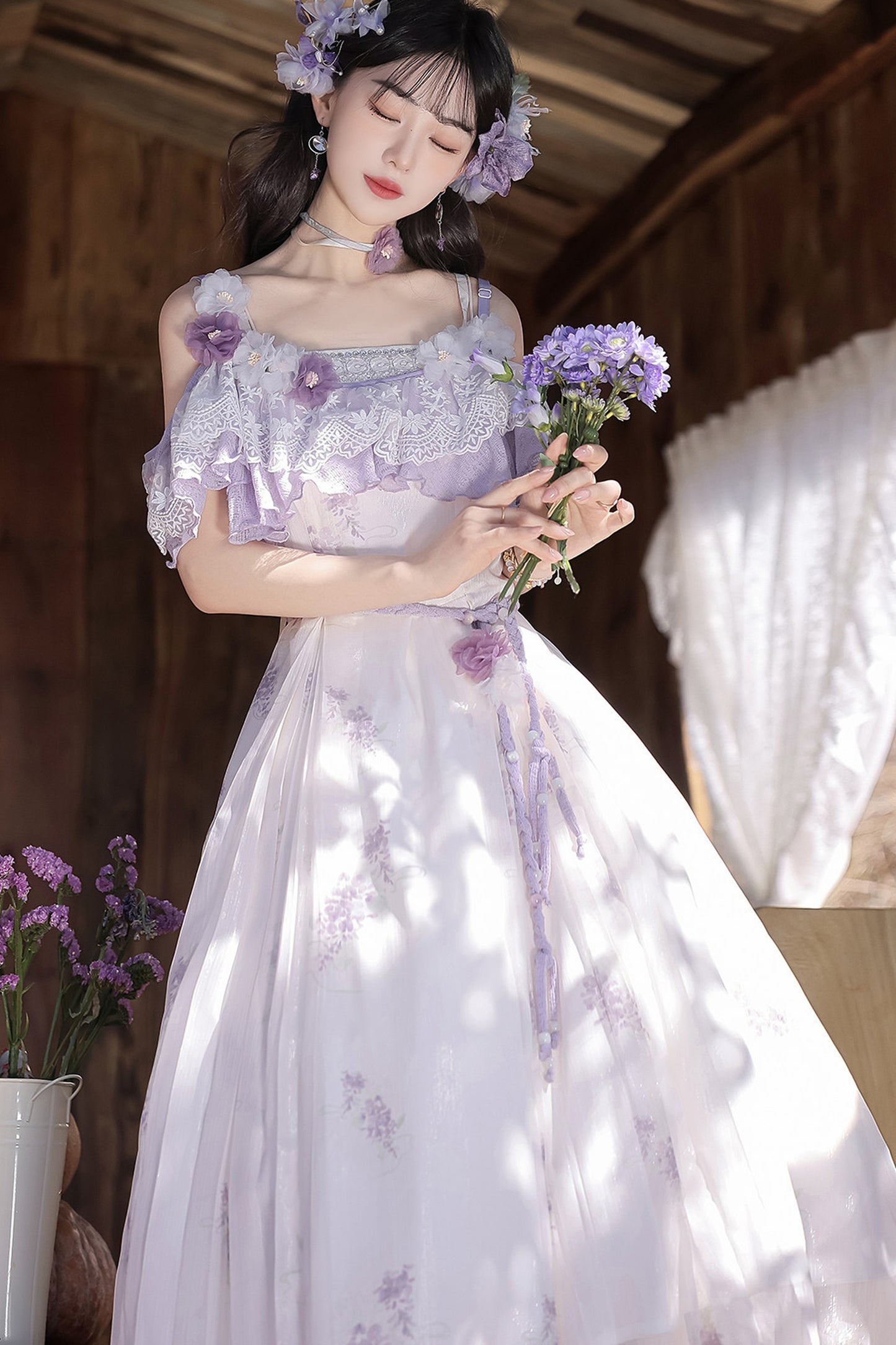 Wisteria Flower New Chinese Style Suspender Skirt and Top Set