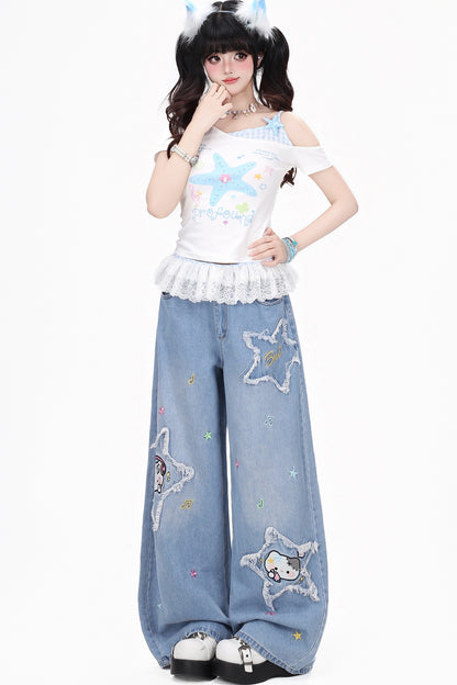 Süßes maritimes kariertes Off-Shoulder-T-Shirt