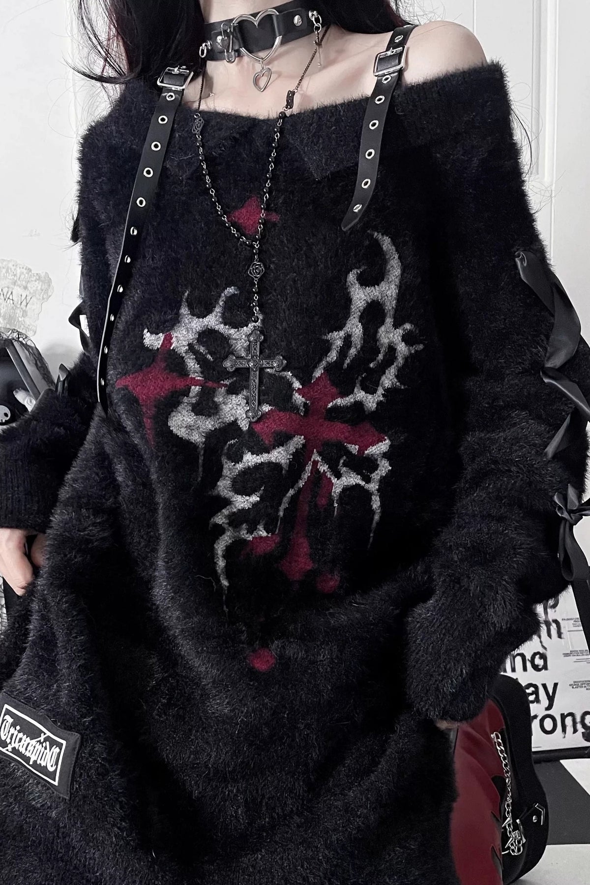 Leather Buckle Butterfly Print Off-Shoulder Sweater