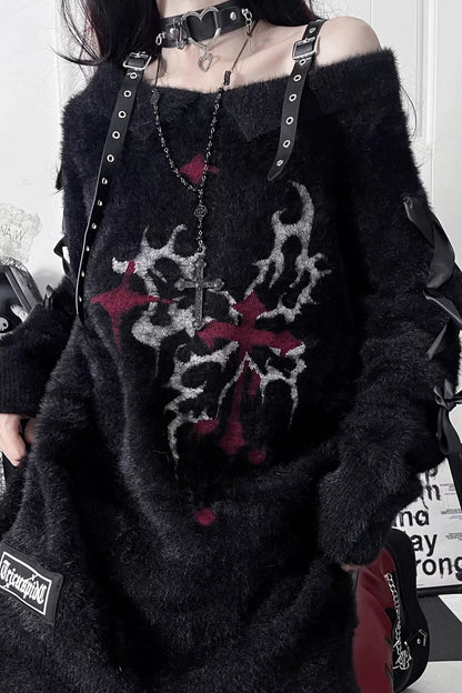 Leather Buckle Butterfly Print Off-Shoulder Sweater