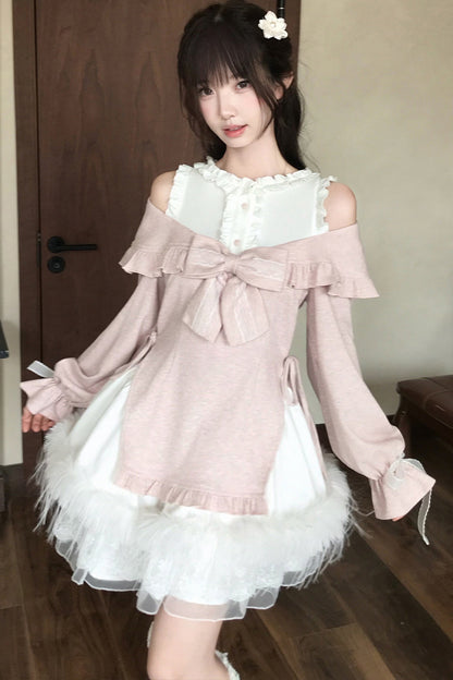 Moon Rabbit Big Bow Off-Shoulder Top and Skirt Set