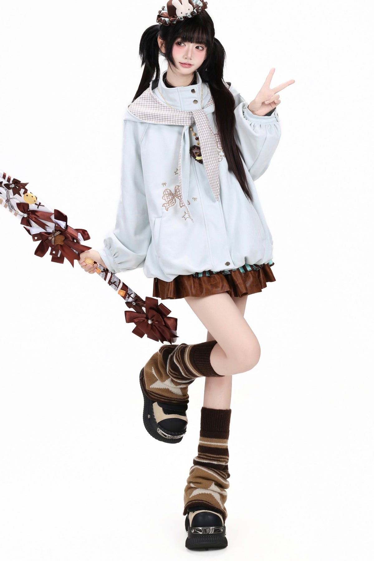Plaid Bow Embroidered Hooded Suede Jacket