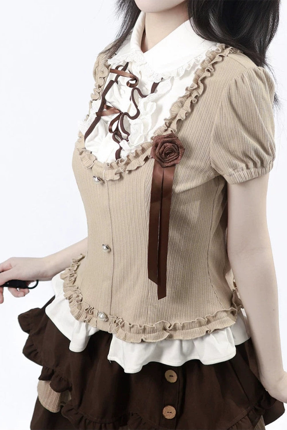 Rose Brown Lace Knit Top + Skirt