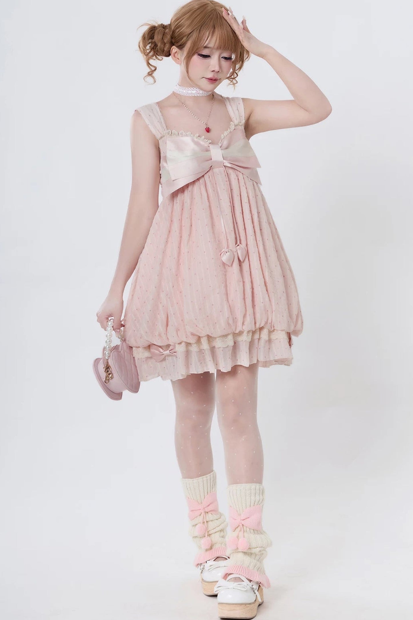 [Reservierungsschluss 29. Mai] Romantisches Feen-Ballonkleid mit rosa Punkten und Schleife