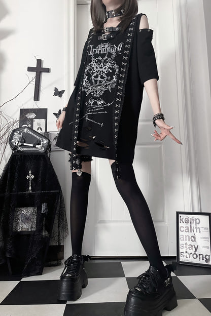 Broken Heart Double Skull Distressed T-Shirt