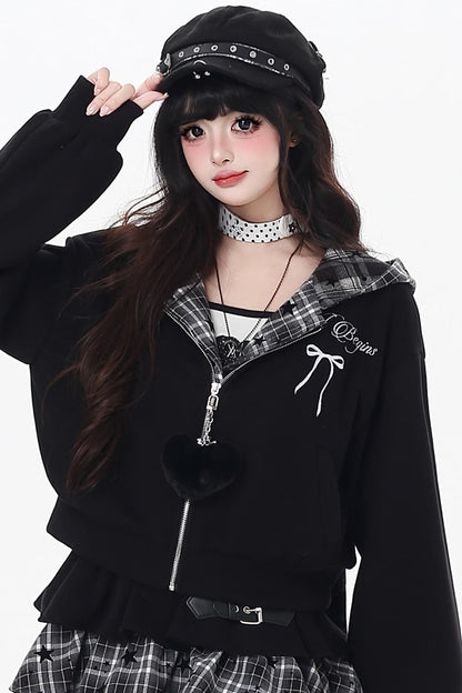 Plaid Rabbit Ear Embroidered Hooded Jacket