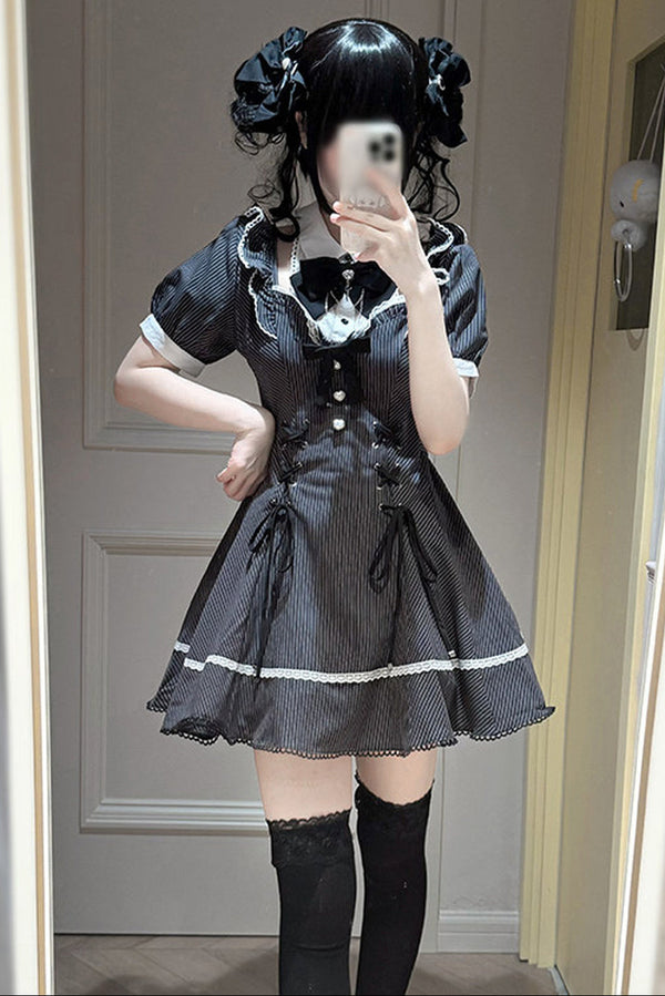Striped Lace-Up Lace Top and Skirt Set