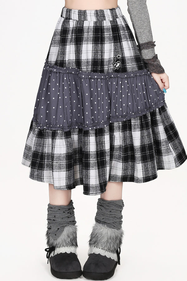 Patchwork Polka Dot Plaid Skirt