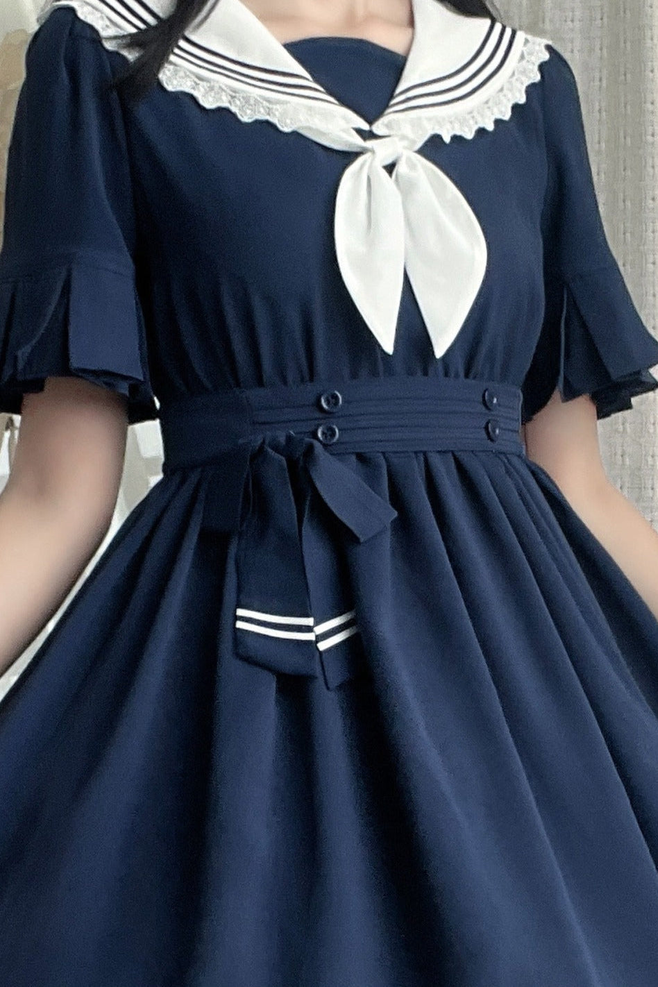 College-Style Ribbon Sailor Collar Flared Dress