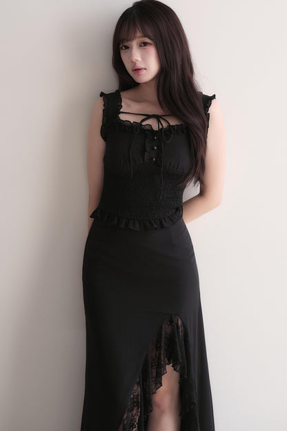 Elegant Ruffle Top & Lace Slit Skirt Set