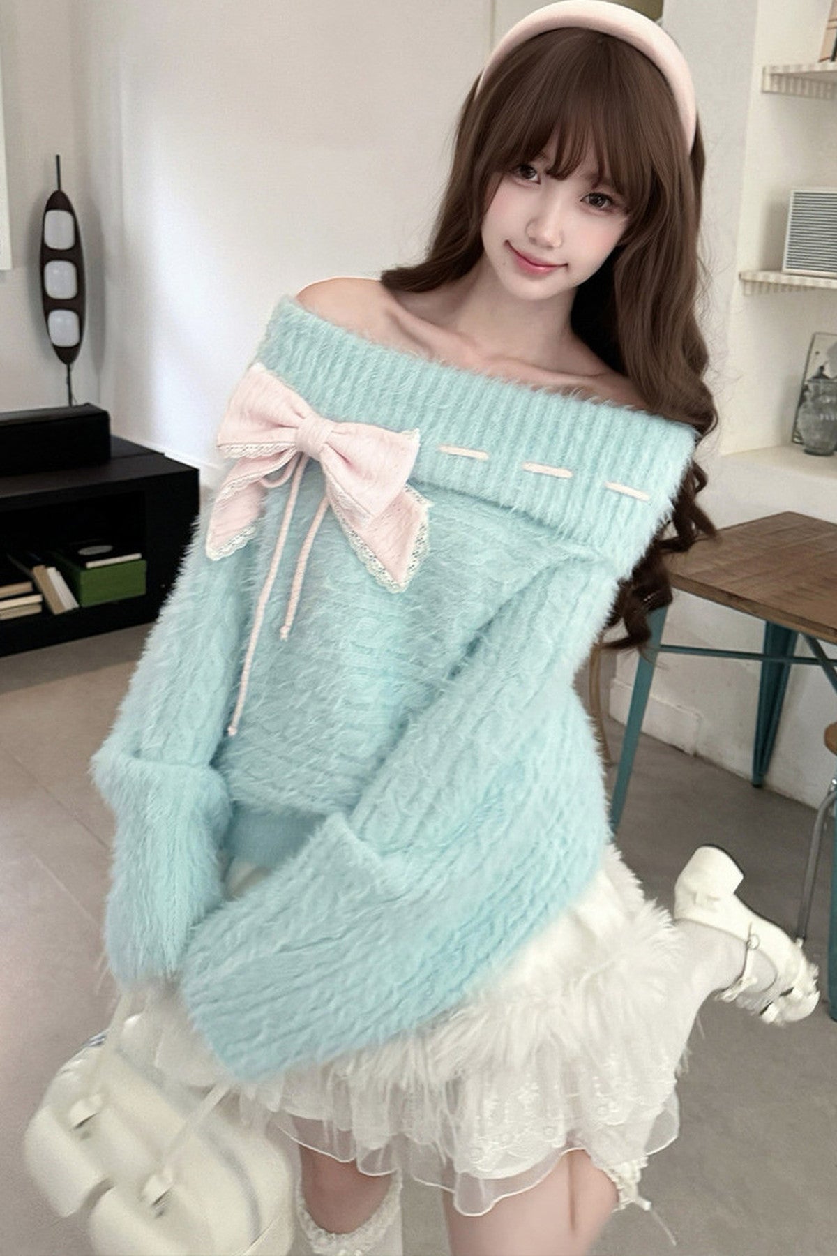 Mint Blue Two-Way Off-Shoulder Sweater With Skirt Set