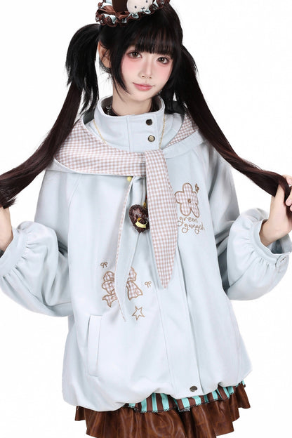 Plaid Bow Embroidered Hooded Suede Jacket