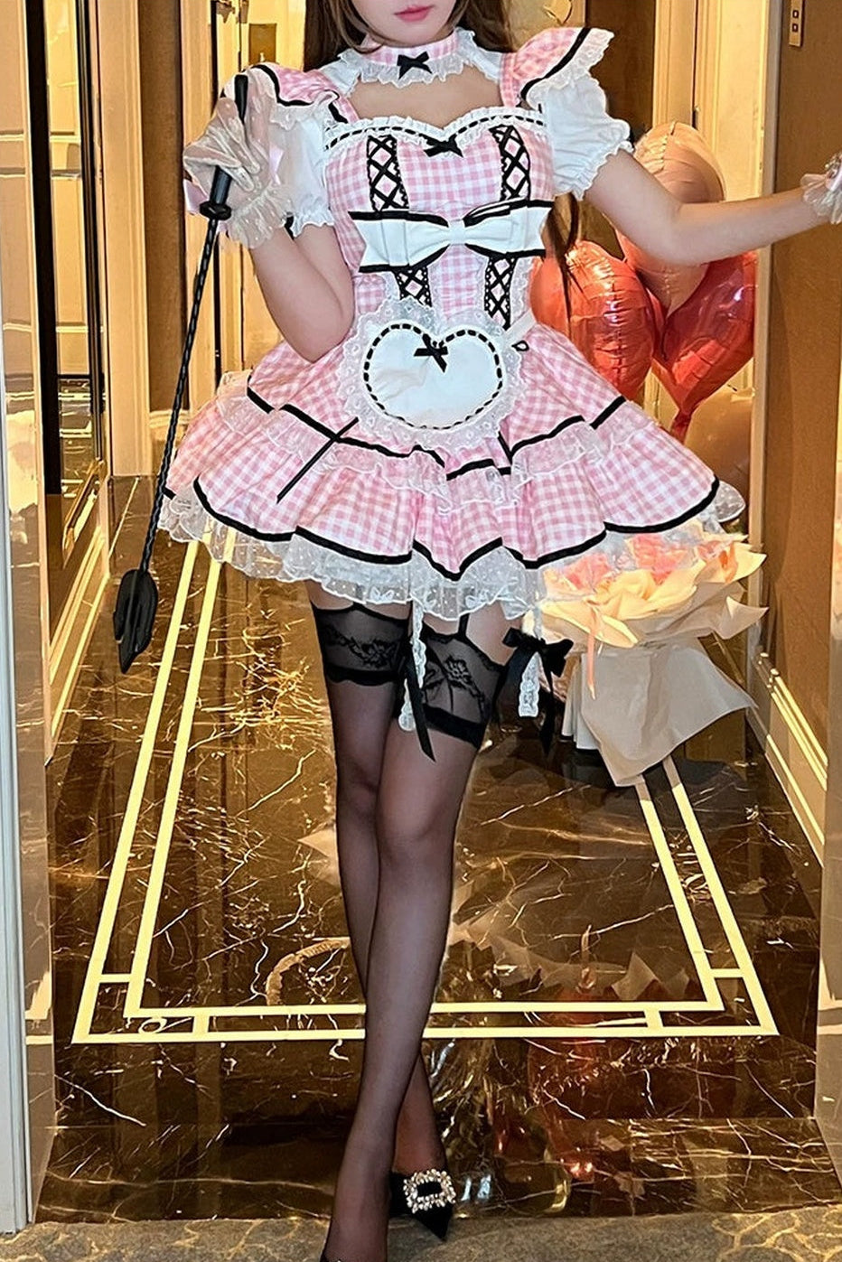 うさみみピンクギンガムメイドドレス