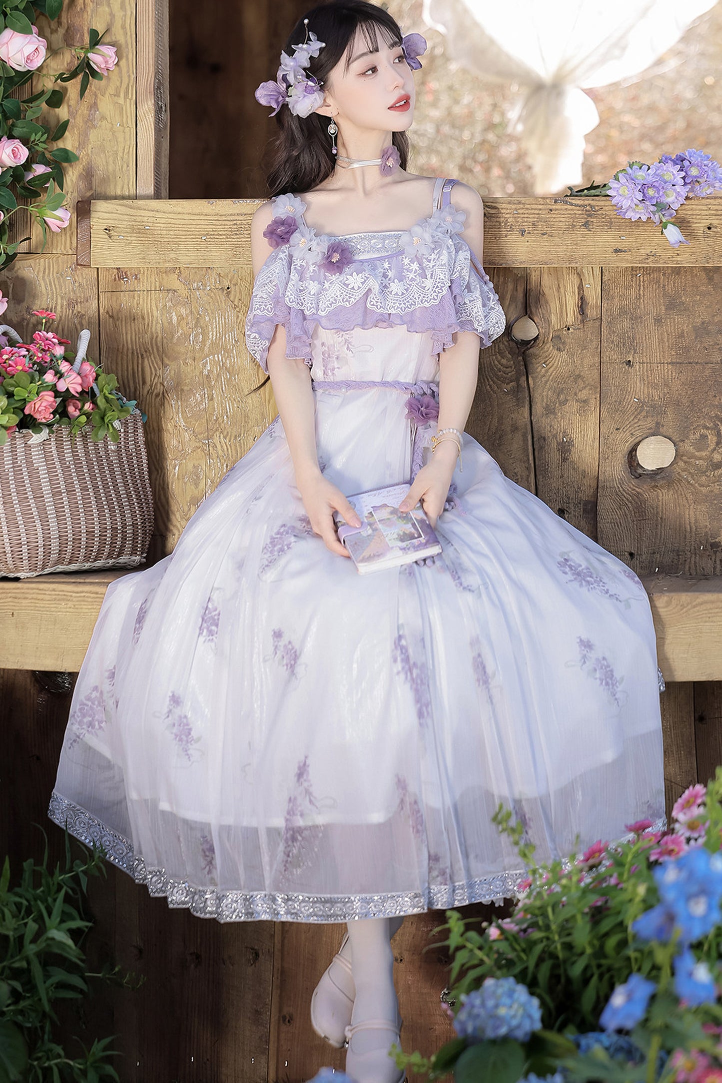 Wisteria Flower New Chinese Style Suspender Skirt and Top Set