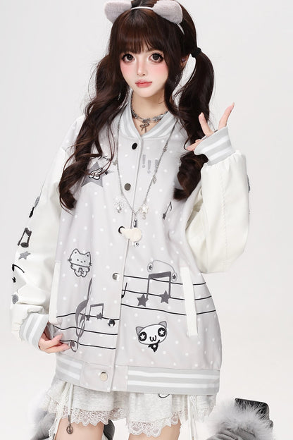 Musical Note Kitten Embroidery Baseball Jacket