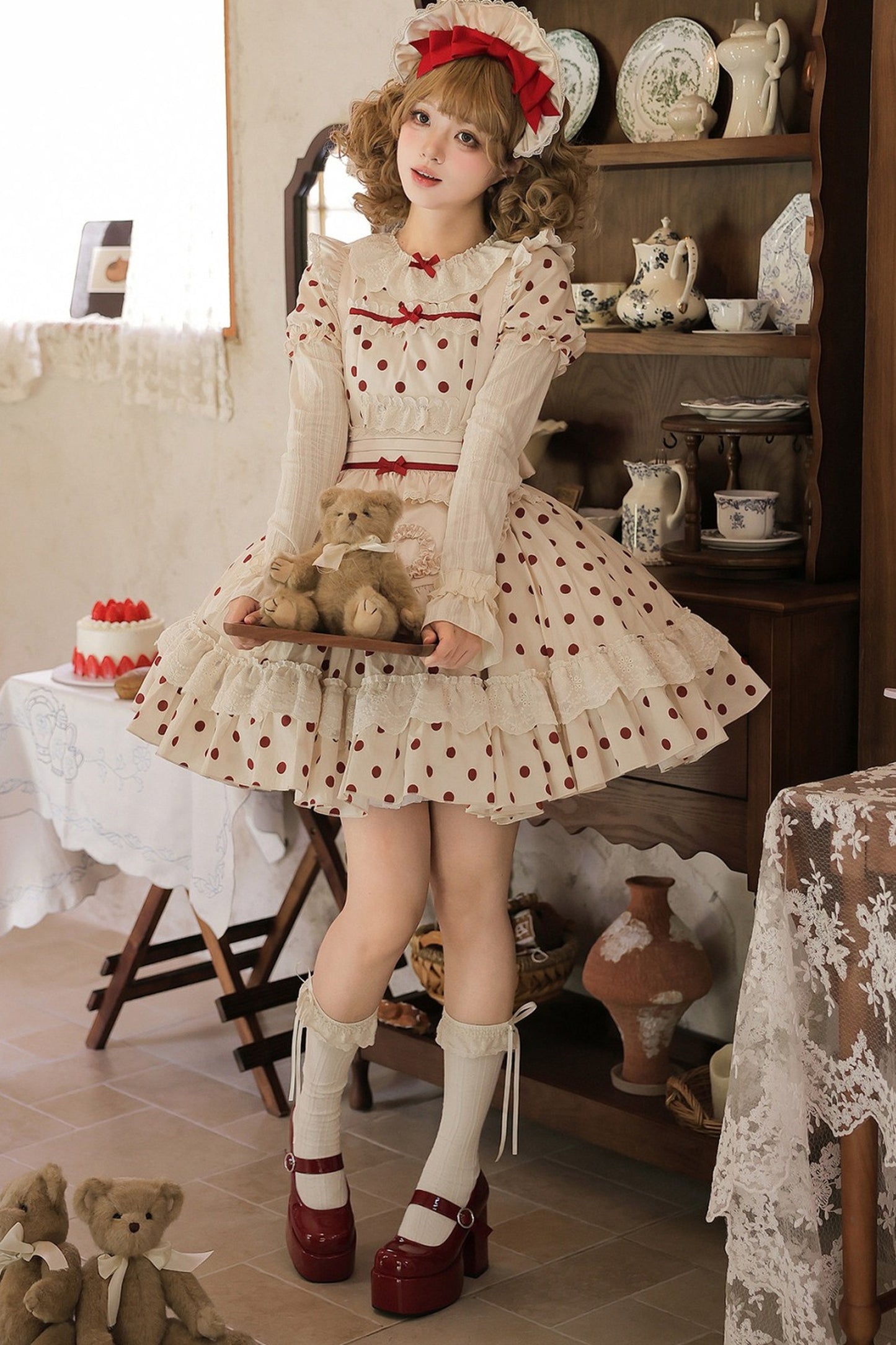 Cotton Polka Dot Print OP Dress Set-Up