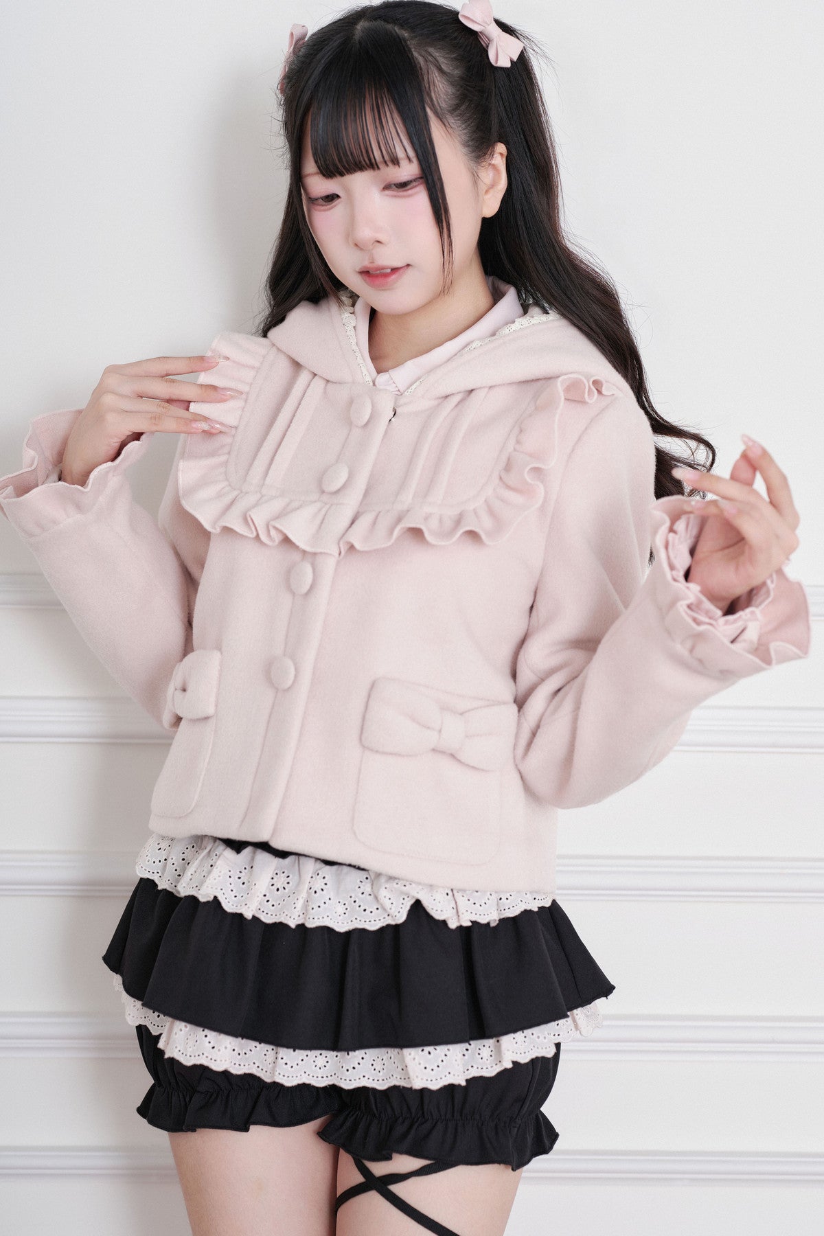 Ruffle Hooded Wool Jacket