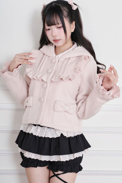 Ruffle Hooded Wool Jacket