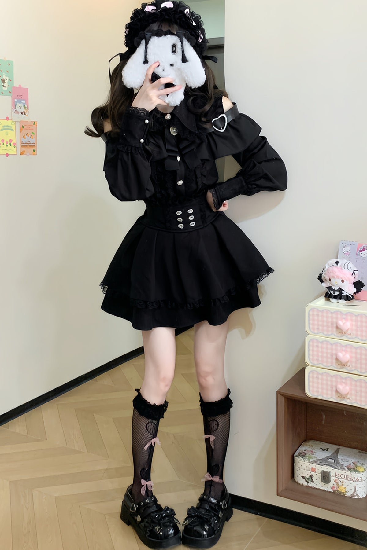 [Pre-order] Cold Shoulder Heart Buckle Long Sleeve Ruffle Lace Blouse with Bow Tie + Lace-Trim Pleated Mini Skirt Set