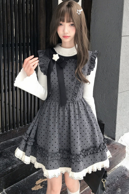 Retro-Kleid mit Herz-Punktemuster, Flatterärmeln und Spitzensaum
