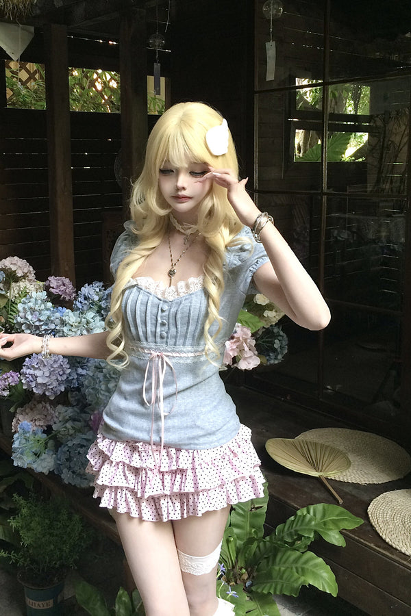 Polka Dot Lace Tie T-Shirt and Skirt Set