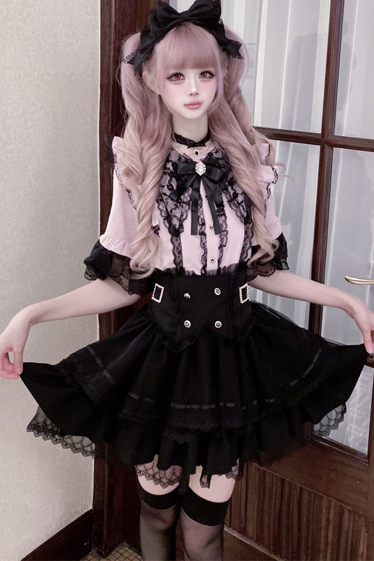 Cherry Short-Sleeved Lace Collar Shirt and Skirt Set-Up