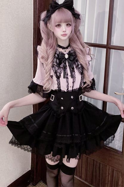 Cherry Short-Sleeved Lace Collar Shirt and Skirt Set-Up
