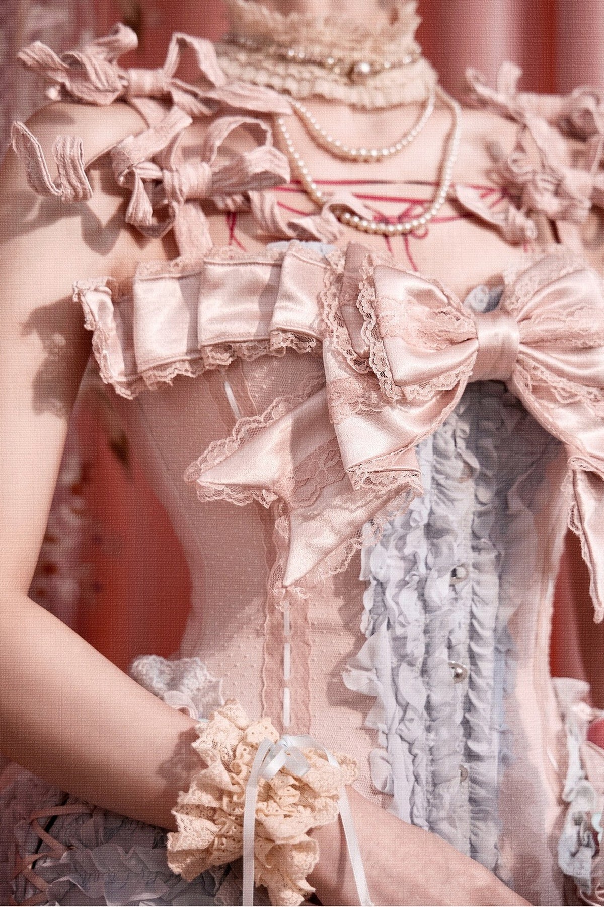 Strawberry Fishbone Corset Top With Necklace And Sleeves Set