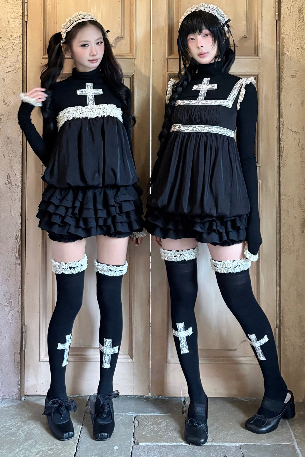 Lace Cross Black Base Shirt and Patchwork Tutu Skirt Set-Up