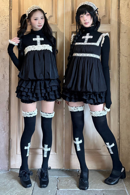 Lace Cross Black Base Shirt and Patchwork Tutu Skirt Set-Up