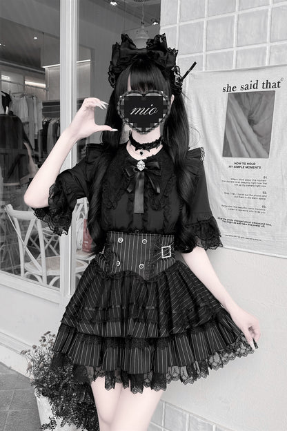 Cherry Short-Sleeved Lace Collar Shirt and Skirt Set-Up