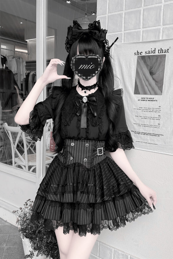 Cherry Short-Sleeved Lace Collar Shirt and Skirt Set-Up