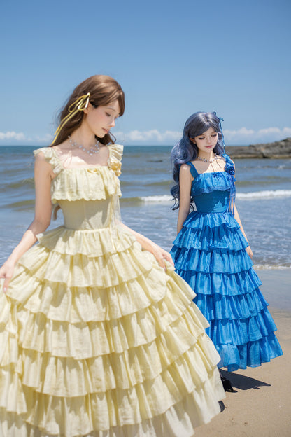 Seven-Layer Ruffle Square Neck Dress, Hair Accessory and Jacket Set-Up