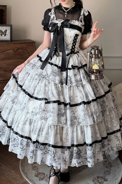 Lolita-Kleid mit Tuschewaschung und Fischgrätenmuster