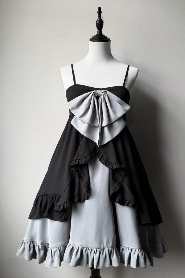 Double-Layer Open-Front Large Bow Suspender Dress