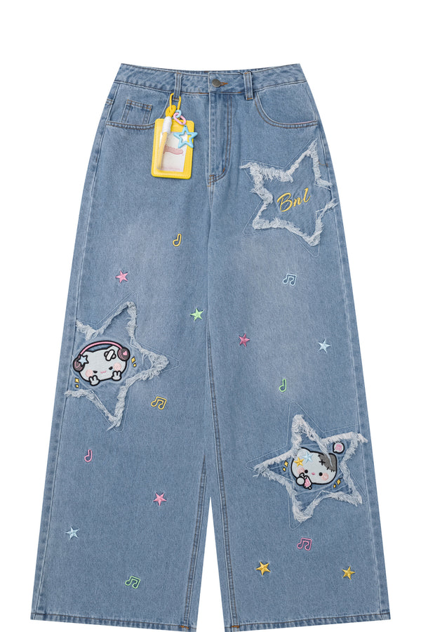 お星さま猫のダメージデニムパンツ