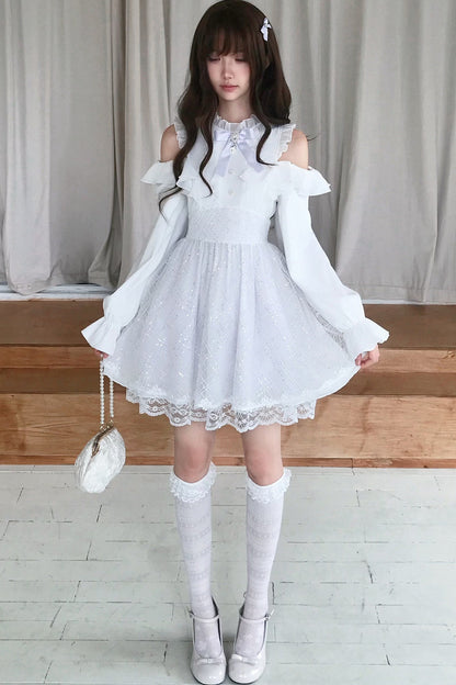 Silver Thread Gauze Off-Shoulder Dress and Top Set