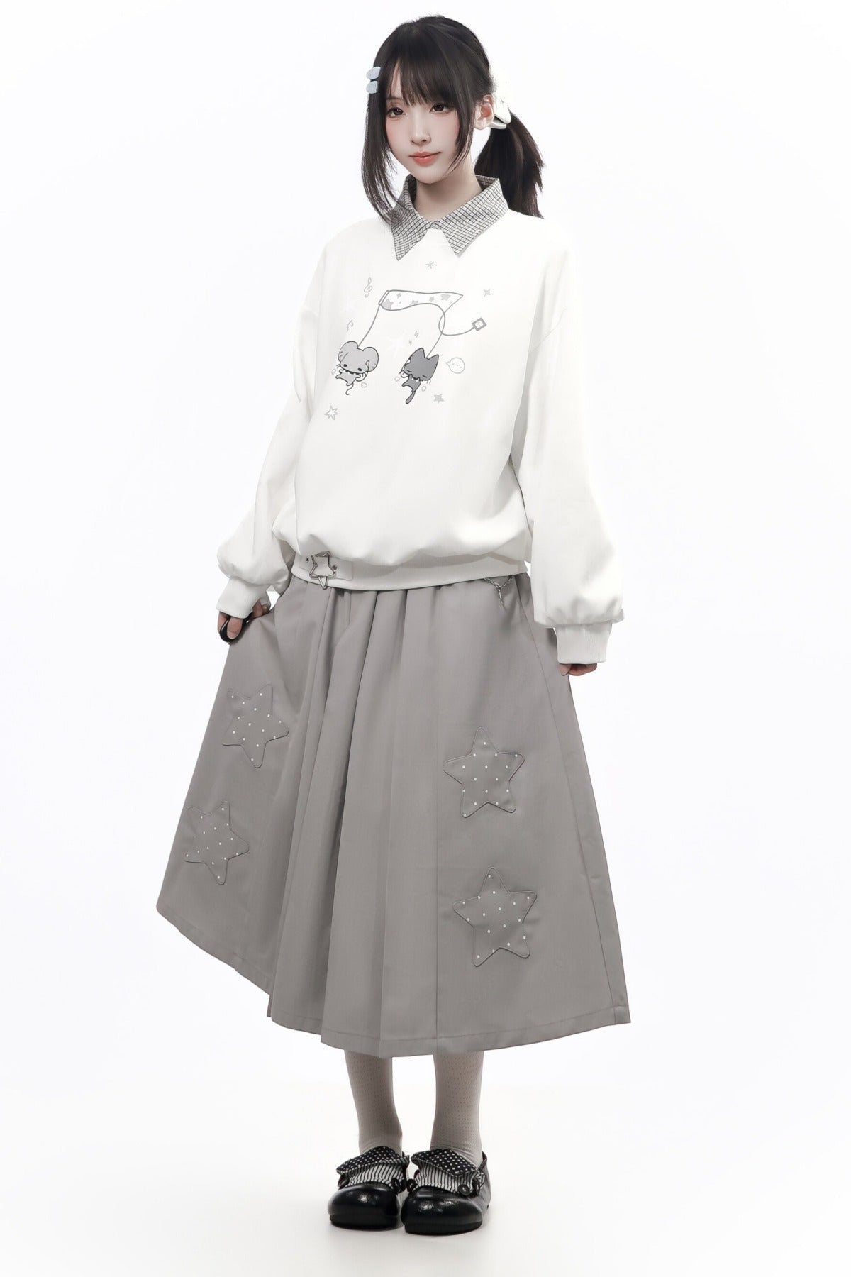 Star Plaid Shawl Sweatshirt Skirt Set-Up