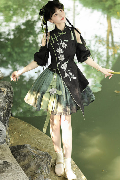 Floral Gothic Asymmetric Cheongsam Dress + Skirt