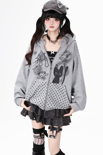 Süßer lockerer Hoodie mit Rüschenkapuze und Punkten